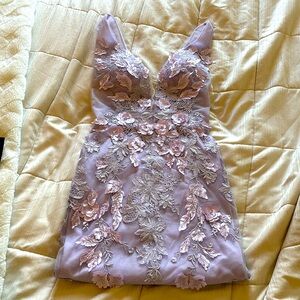 Lavender mini dress with flowers and lace detail!